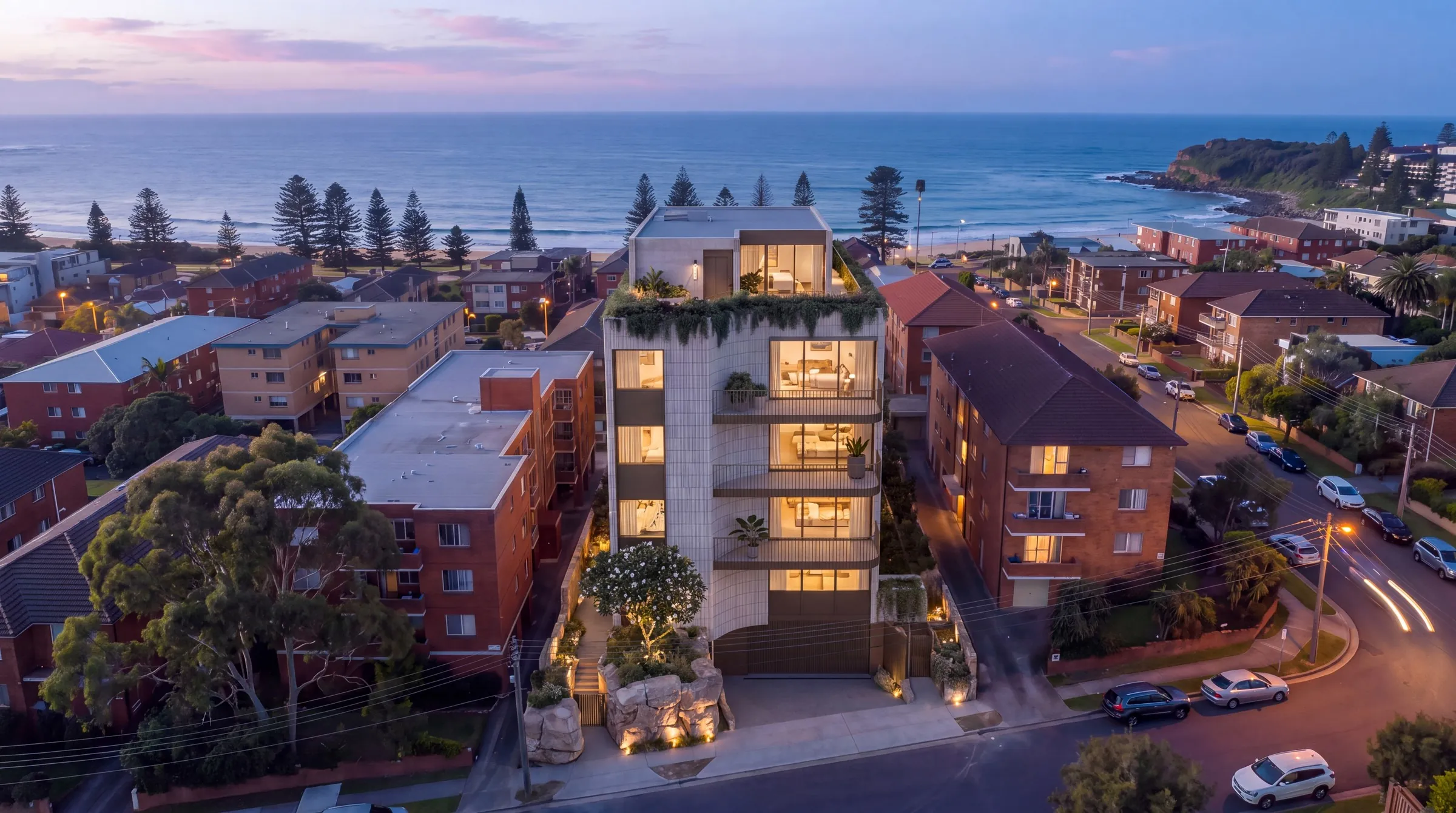 Stylised visualisation of a slender apartment building with curved balconies and a roof garden near Dee Why beach at dusk