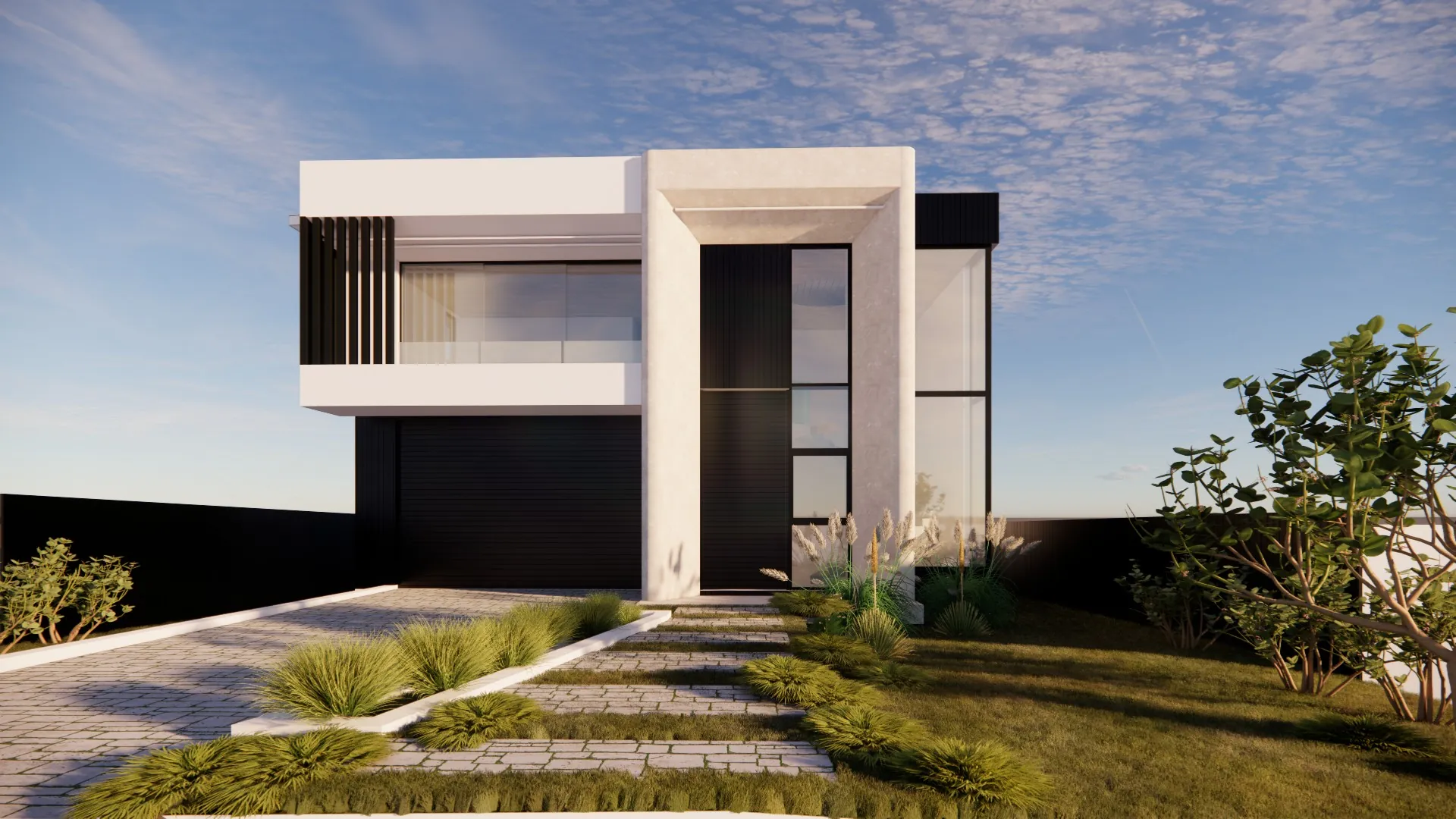Render of a two-storey house with a white rendered frame, a dark garage door and a landscaped front garden