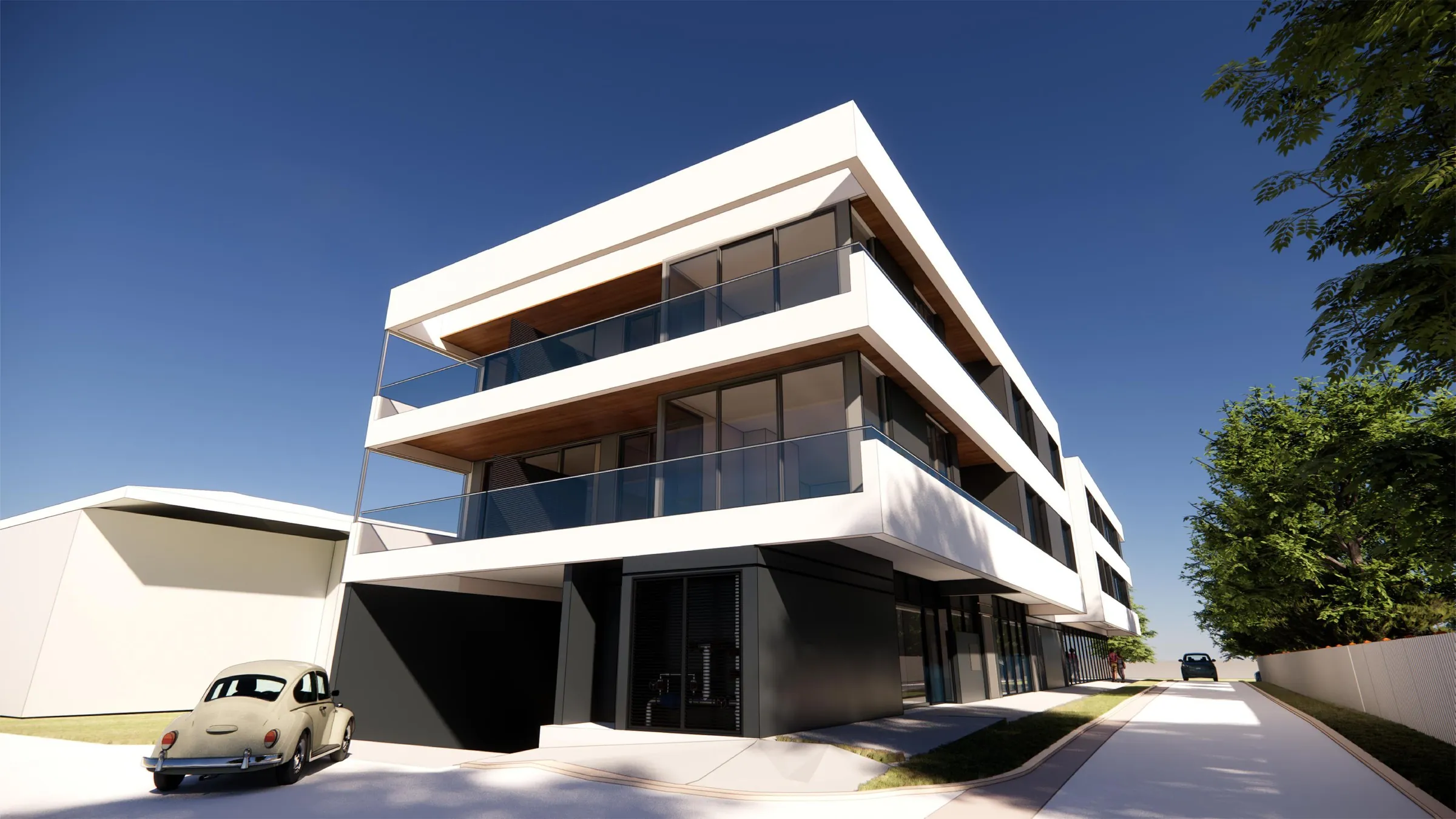 Render of a three-storey mixed-use building with deep white balconies on a street corner in Huskisson
