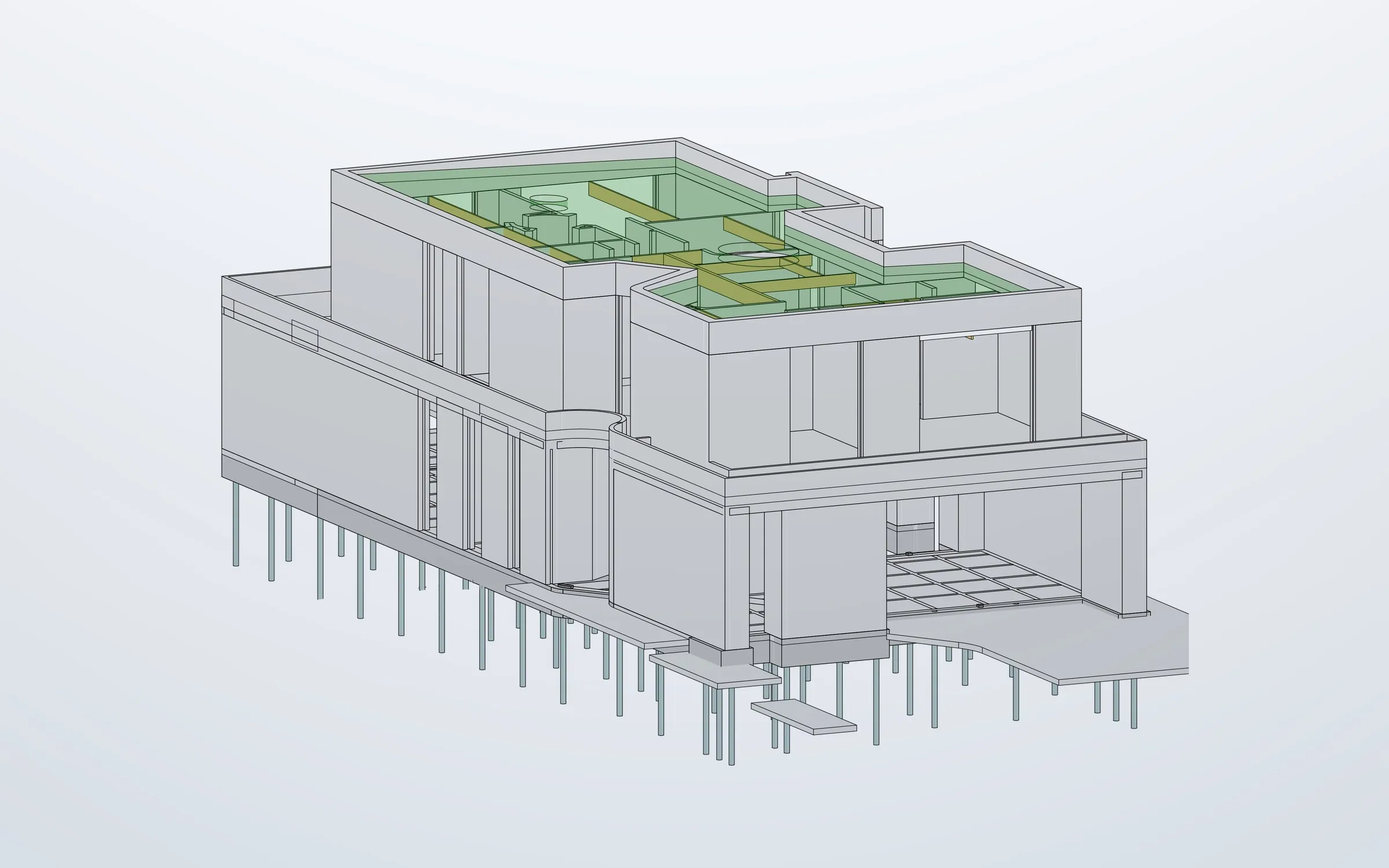 3D view of Metric Engineering's structural model of the house: walls, slabs, roof framing and screw piles